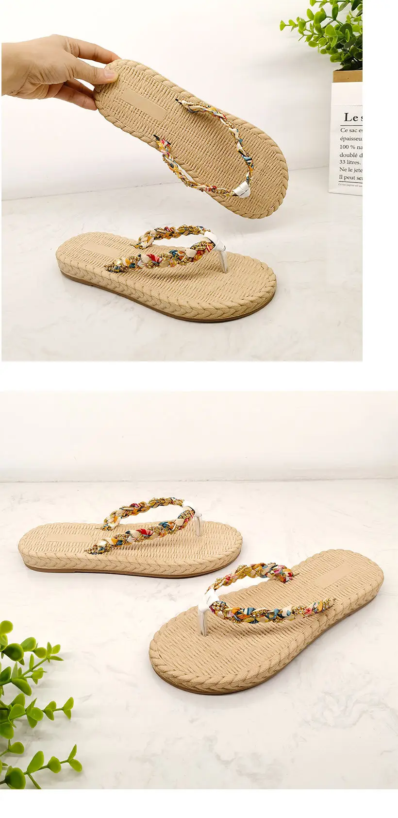Ethnic-style Flip-flops with Diamond for Women's Outdoor Wear Summer Imitation Straw Fashionable Trendy Outdoor Vacation Seaside Flat Non-slip Slippers — feature 12