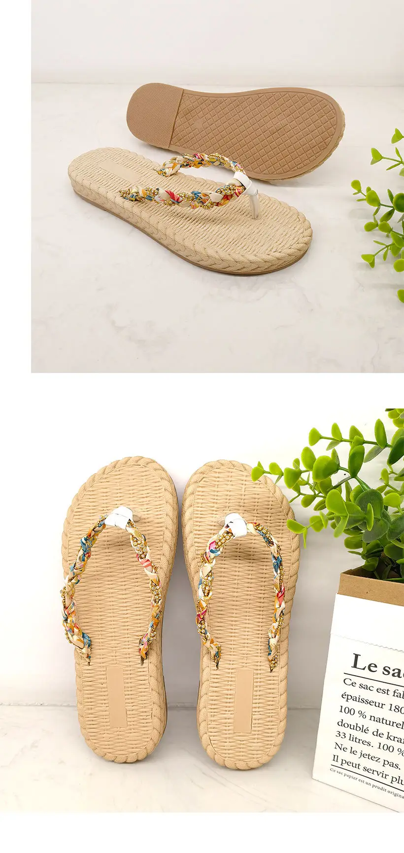 Ethnic-style Flip-flops with Diamond for Women's Outdoor Wear Summer Imitation Straw Fashionable Trendy Outdoor Vacation Seaside Flat Non-slip Slippers — feature 13