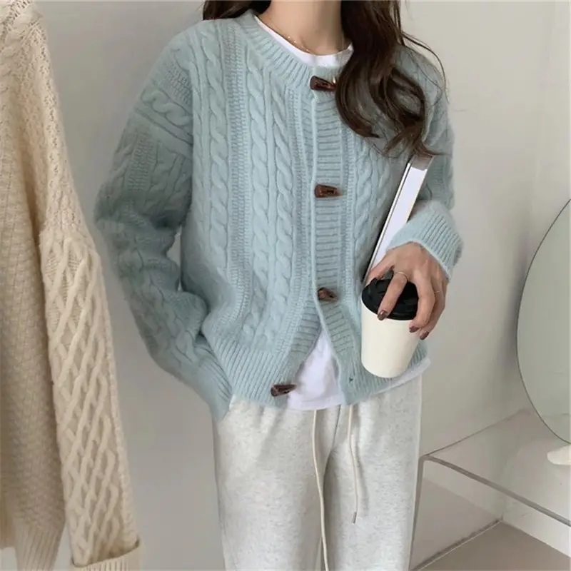 Button-Down Knit Cardigan Sweater Long Sleeve Patchwork - Image 12