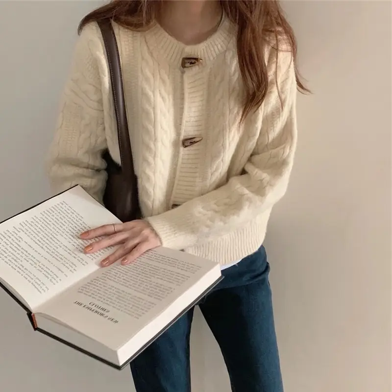 Button-Down Knit Cardigan Sweater Long Sleeve Patchwork - Image 8