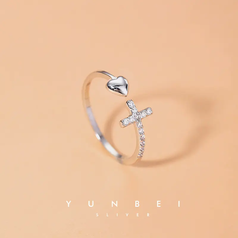 Cross Love Sterling Silver Ring Women's Niche Light Luxury Small Broken Diamond Opening Index Finger Ring Fashion Personality - Image 3
