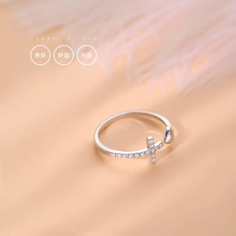 Cross Love Sterling Silver Ring Women's Niche Light Luxury Small Broken Diamond Opening Index Finger Ring Fashion Personality - Image 5