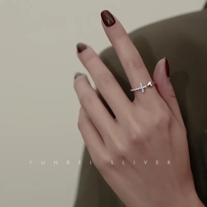 Cross Love Sterling Silver Ring Women's Niche Light Luxury Small Broken Diamond Opening Index Finger Ring Fashion Personality - Image 6