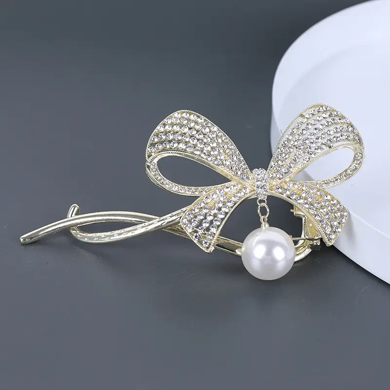 Rhinestone Bow Pearl Hair Clip for Women - Image 3