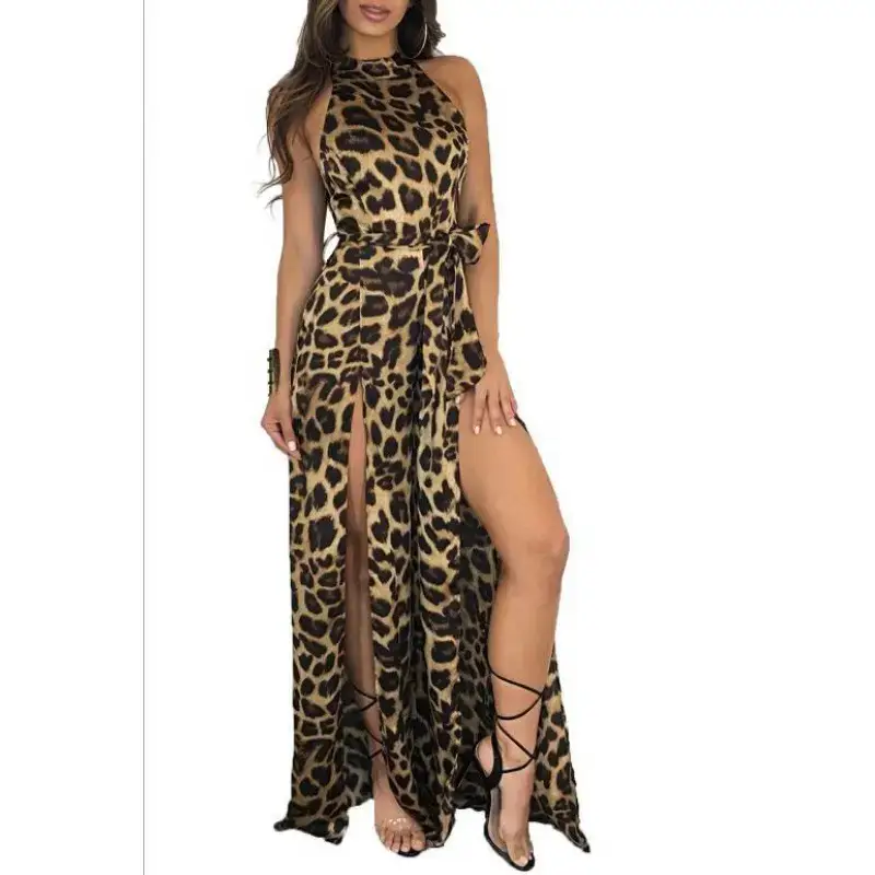 Leopard Print Sleeveless Long Split Jumpsuit for Women - Image 3