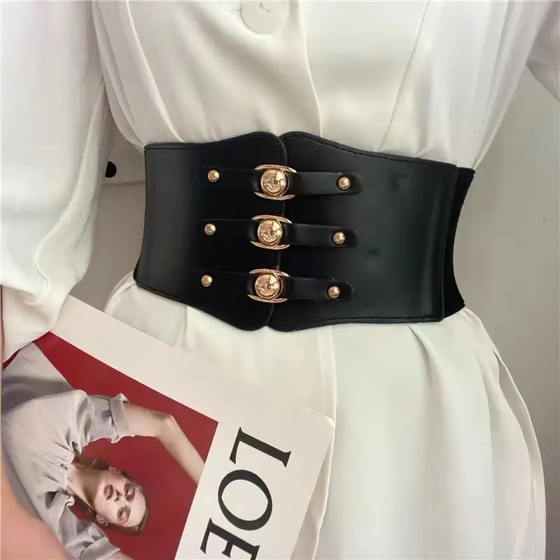 Wide Girdle Belt for Women Black Brown White with Metal Buckle