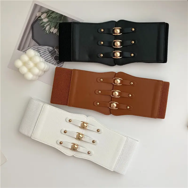 Wide Girdle Belt for Women Black Brown White with Metal Buckle