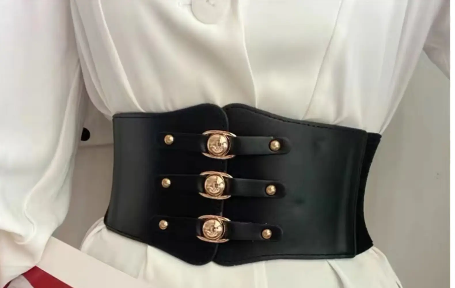 Wide Girdle Belt for Women Black Brown White with Metal Buckle — feature 1