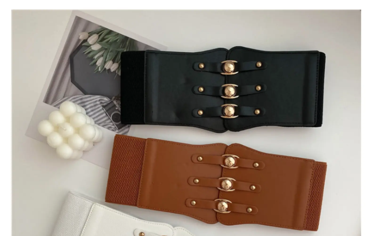 Wide Girdle Belt for Women Black Brown White with Metal Buckle — feature 16
