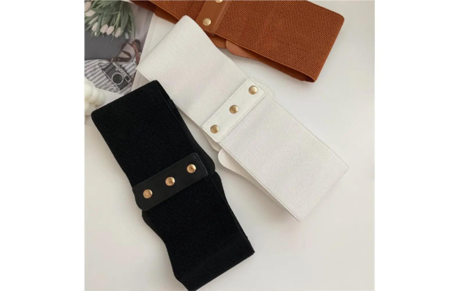 Wide Girdle Belt for Women Black Brown White with Metal Buckle — feature 9