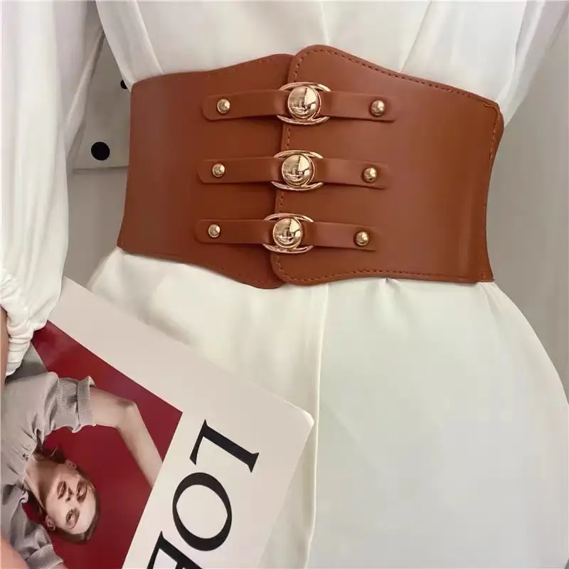 Wide Girdle Belt for Women Black Brown White with Metal Buckle