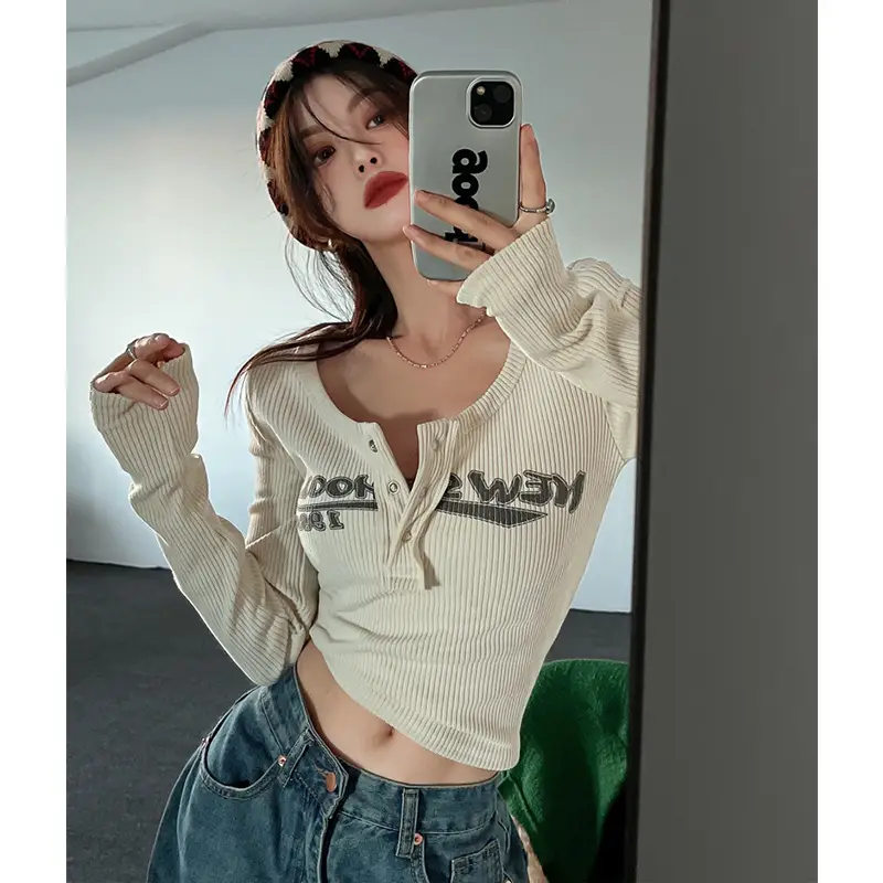 Hot Girl Tops for Women in Autumn Winter Short European American Niche Sexy Bottoming Shirts Unique Design Tight T-Shirts Trbottomy - Image 3