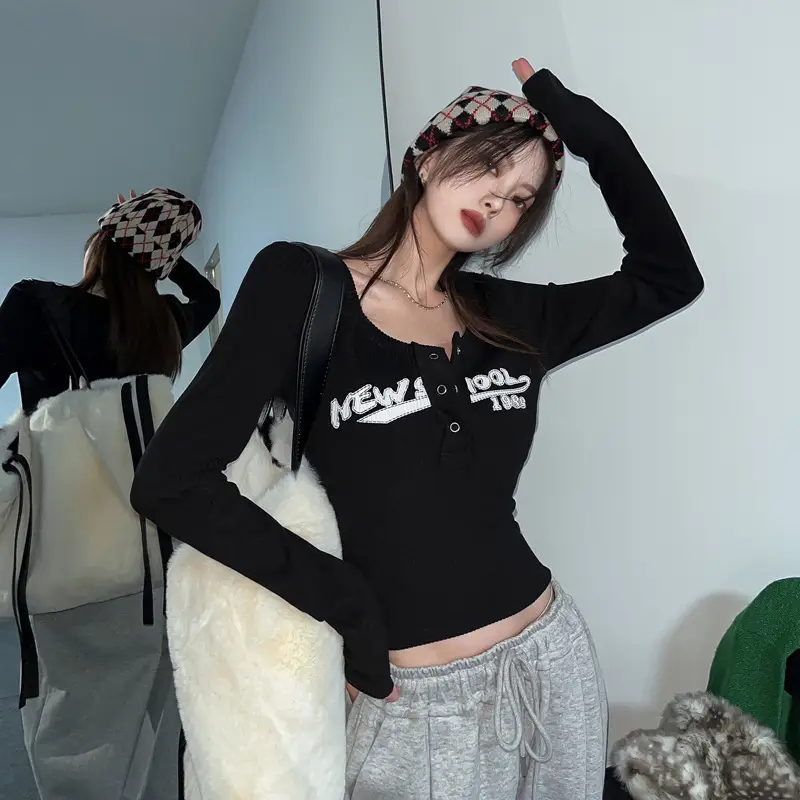 Hot Girl Tops for Women in Autumn Winter Short European American Niche Sexy Bottoming Shirts Unique Design Tight T-Shirts Trbottomy - Image 4