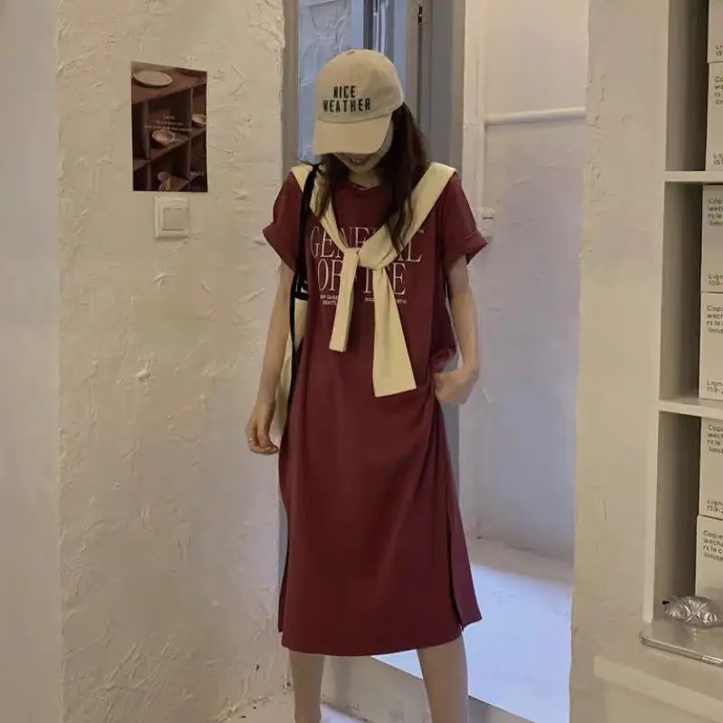 Women Short Sleeve T-Shirt Dress Maroon 2025 - Image 5