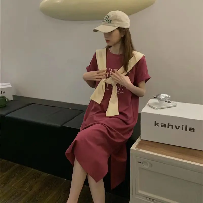 Women Short Sleeve T-Shirt Dress Maroon 2025 — feature 5