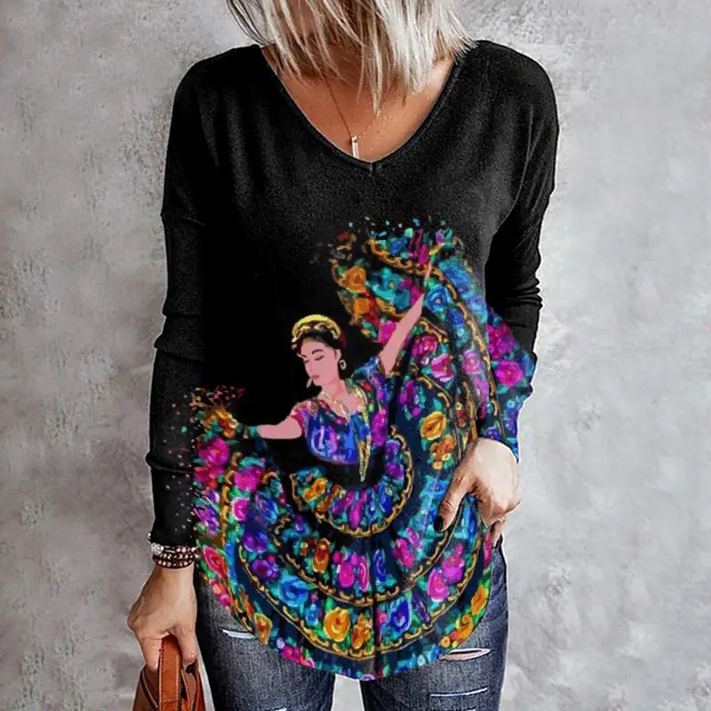 3D Printed Long Sleeve Women's Top Orange Green - Image 15