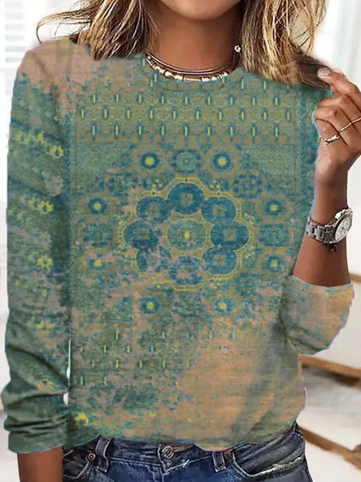 3D Printed Long Sleeve Women's Top Orange Green - Image 25