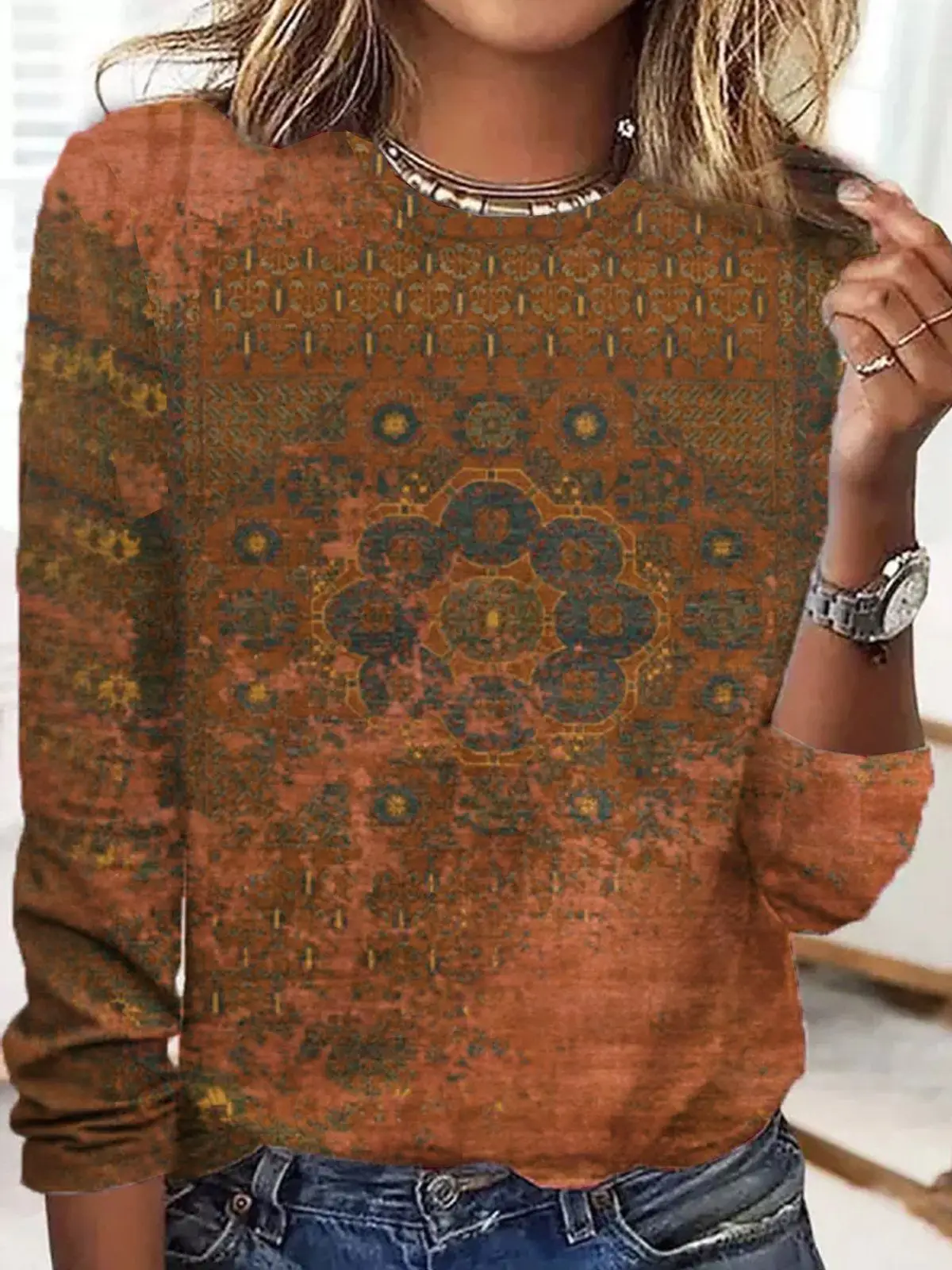 3D Printed Long Sleeve Women's Top Orange Green - Image 26