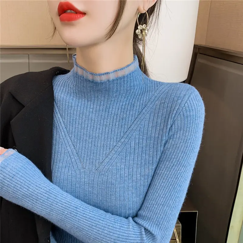 Women Knitted Mock Neck Shirt Grey Long Sleeve Autumn 2022 - Image 3