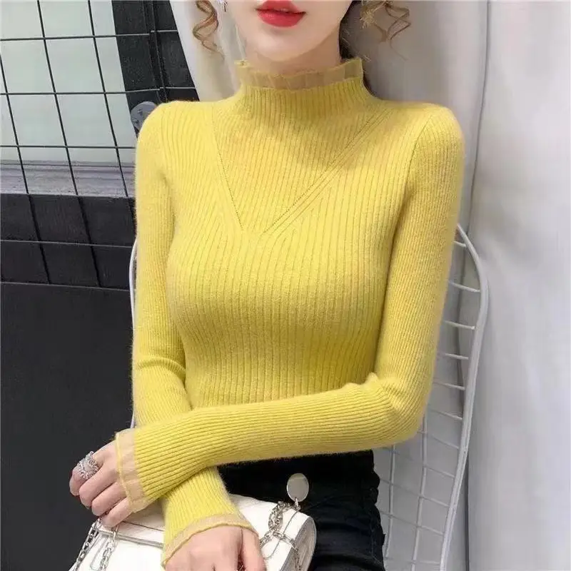 Women Knitted Mock Neck Shirt Grey Long Sleeve Autumn 2022 - Image 5
