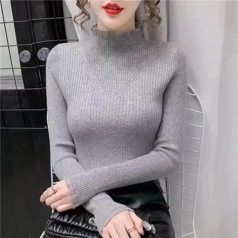 Women Knitted Mock Neck Shirt Grey Long Sleeve Autumn 2022 - Image 6