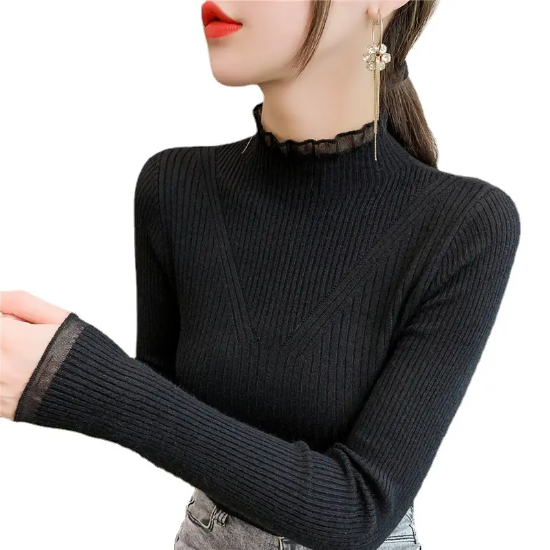 Women Knitted Mock Neck Shirt Grey Long Sleeve Autumn 2022 - Image 7