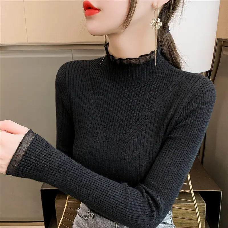 Women Knitted Mock Neck Shirt Grey Long Sleeve Autumn 2022 - Image 4