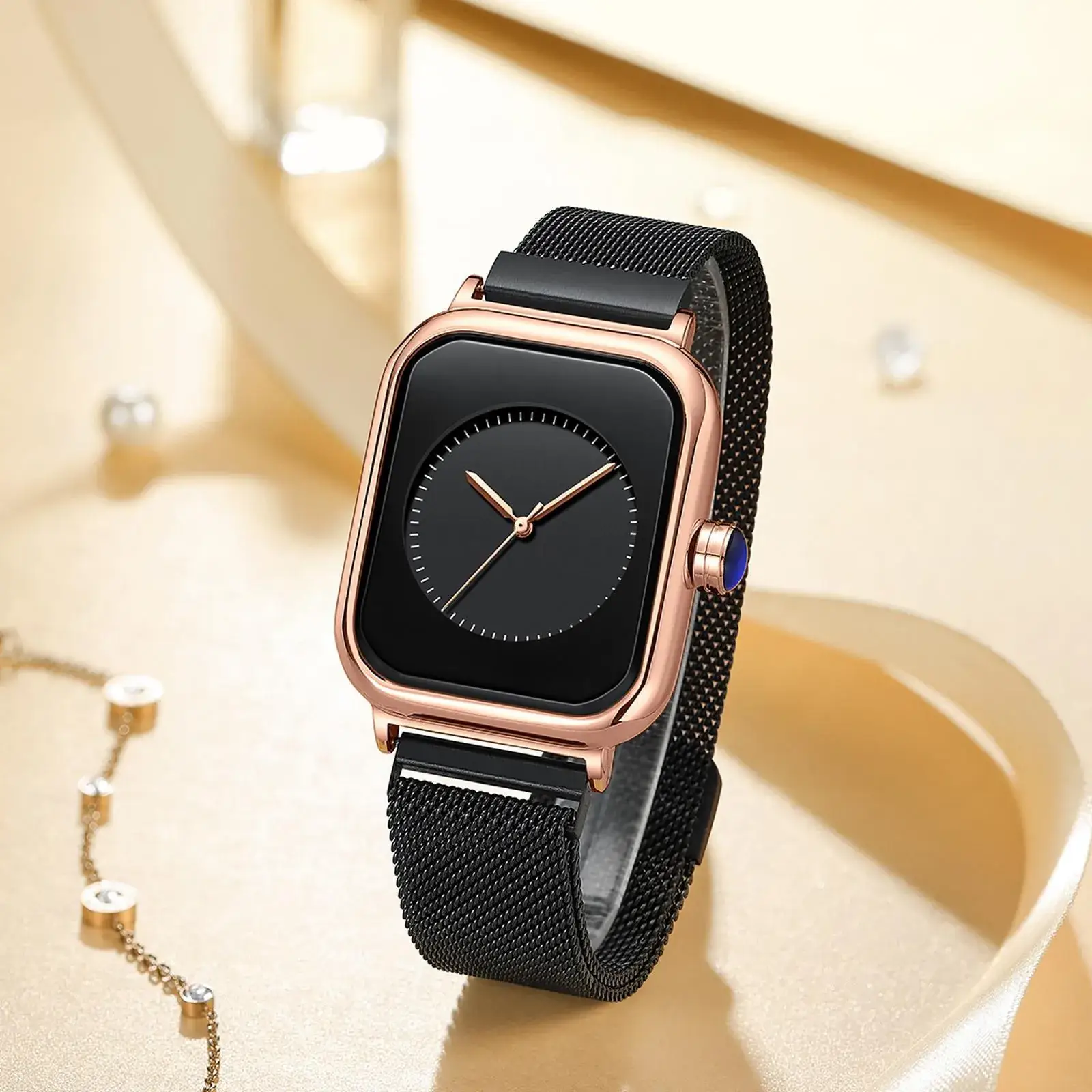 Square Rose Gold Women's Quartz Watch with Brown Strap - Image 5