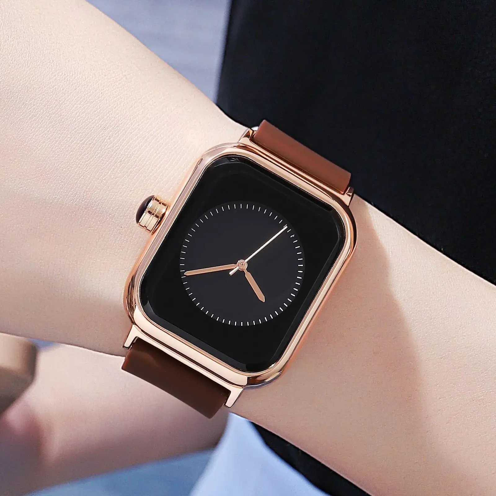 Square Rose Gold Women's Quartz Watch with Brown Strap - Image 7
