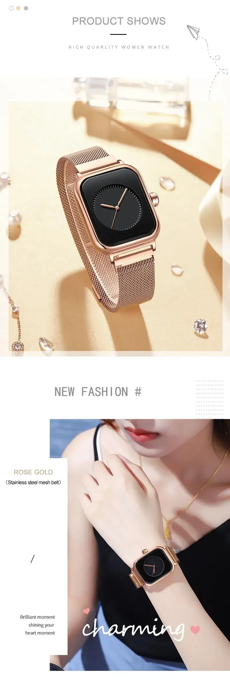 Square Rose Gold Women's Quartz Watch with Brown Strap — feature 12