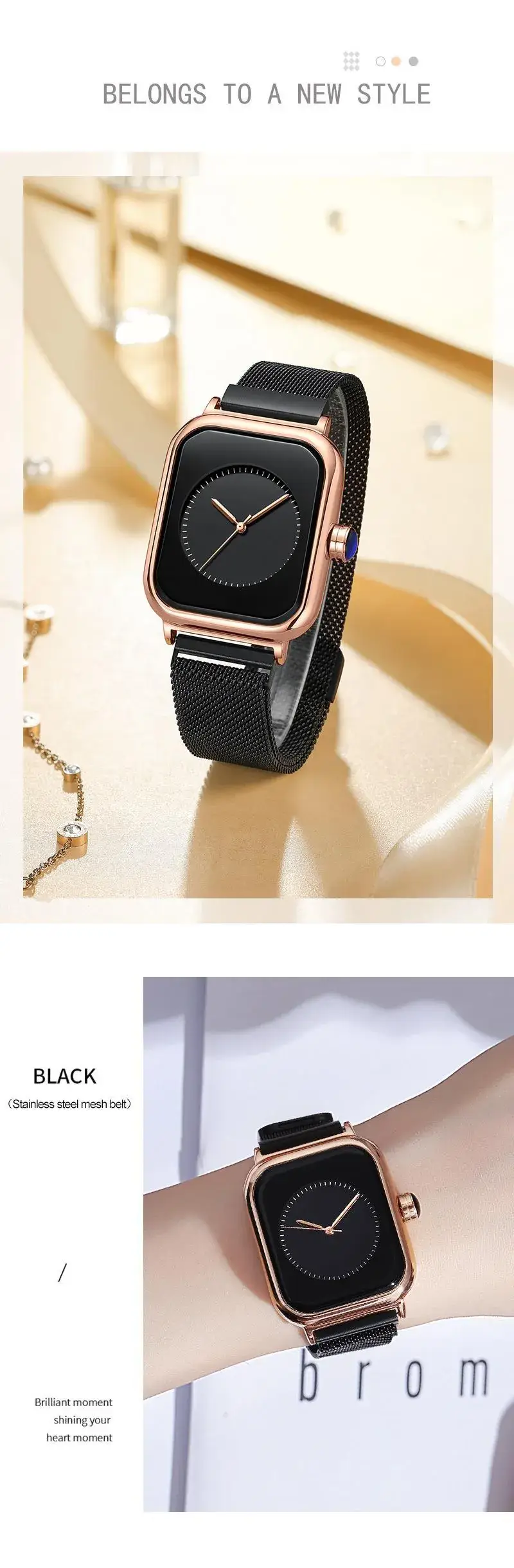 Square Rose Gold Women's Quartz Watch with Brown Strap — feature 13