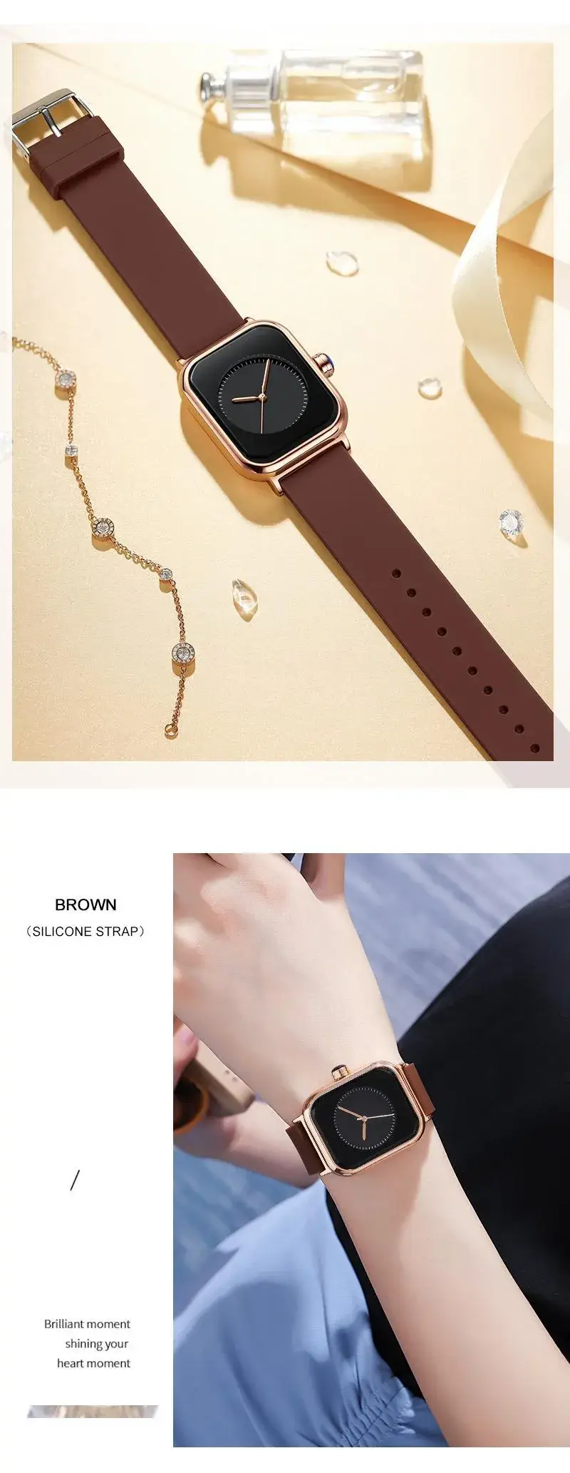 Square Rose Gold Women's Quartz Watch with Brown Strap — feature 15