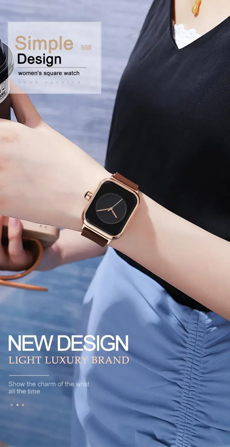 Square Rose Gold Women's Quartz Watch with Brown Strap — feature 2