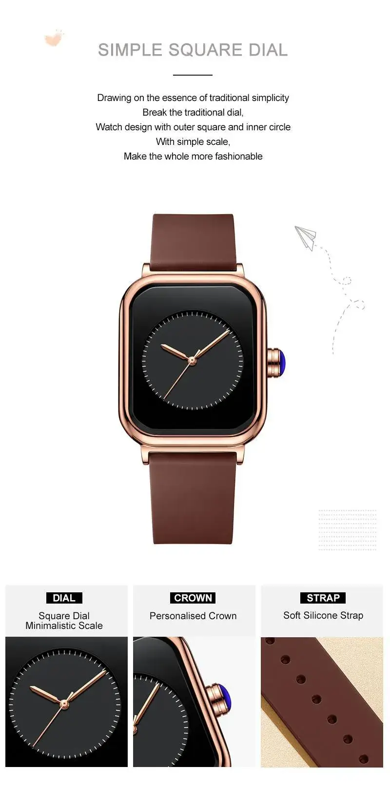 Square Rose Gold Women's Quartz Watch with Brown Strap — feature 4