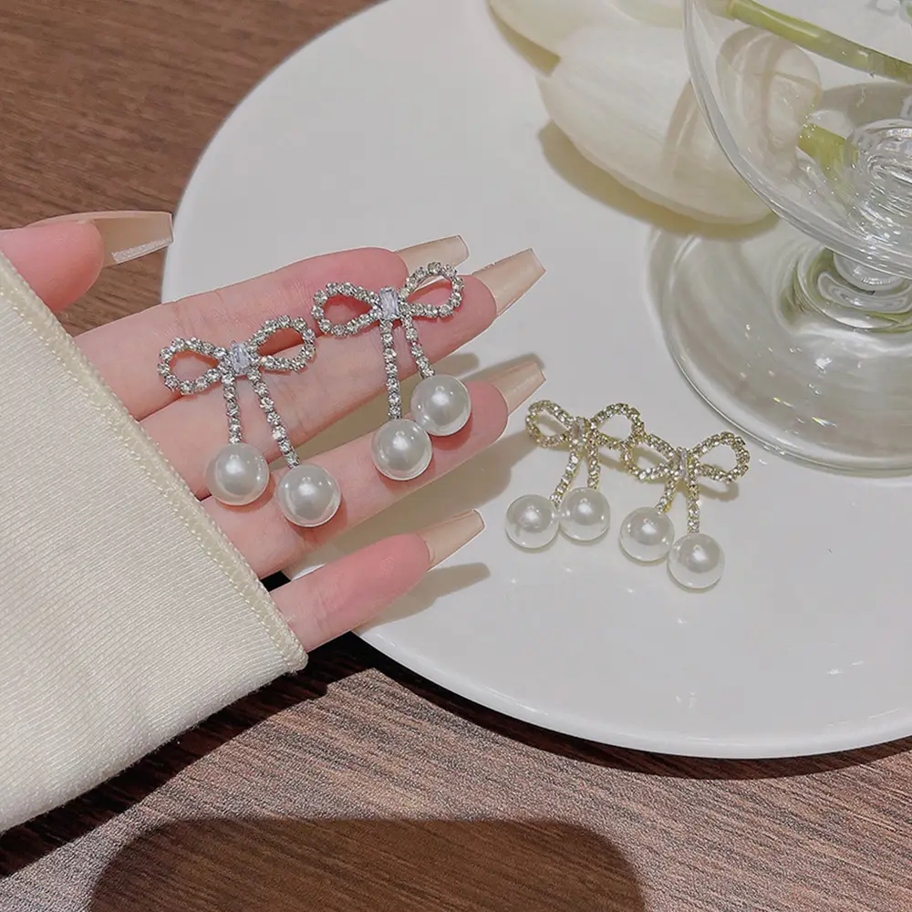 925 Silver Pearl Heart Bow Earrings for Women - Image 4