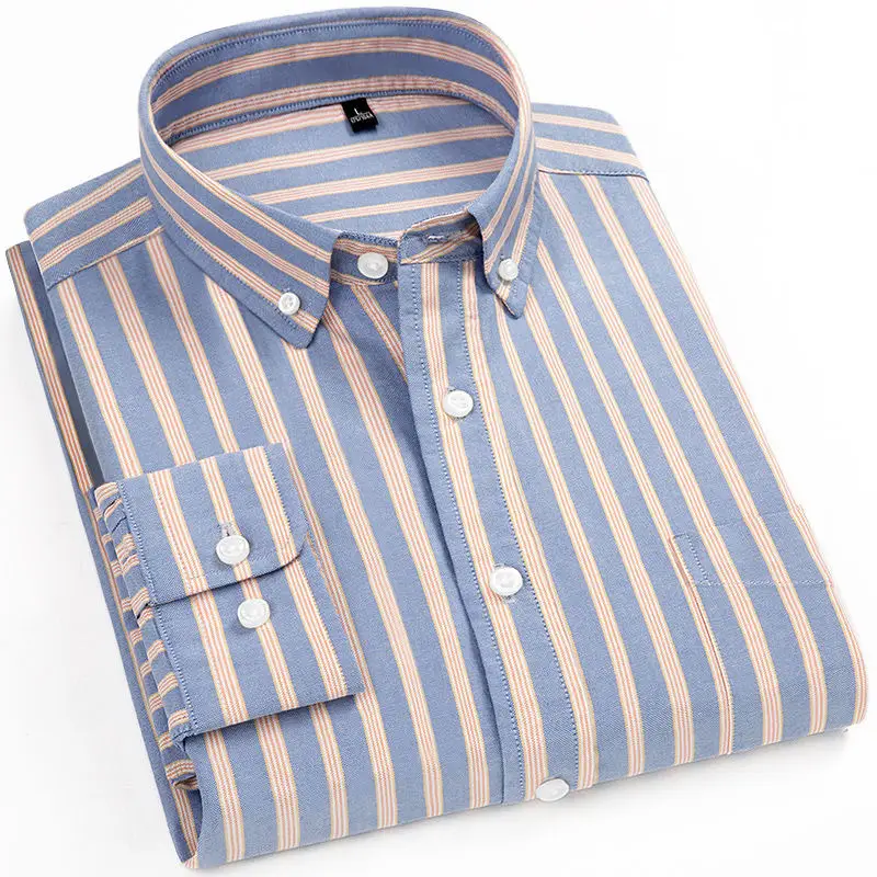 Men Blue Striped Cotton Long Sleeve Shirt - Image 3
