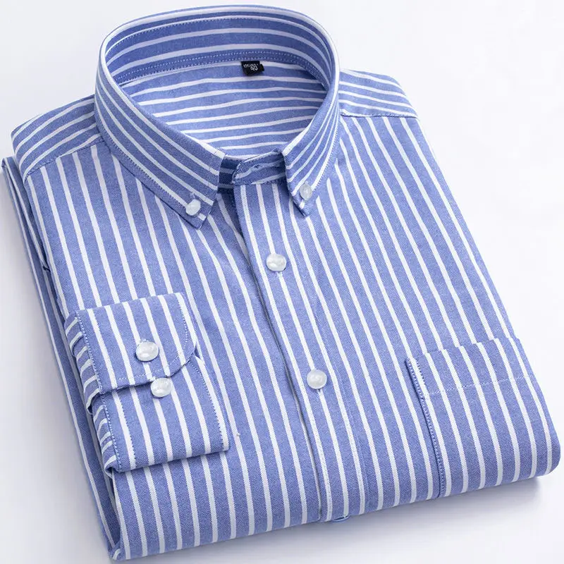 Men Blue Striped Cotton Long Sleeve Shirt - Image 8