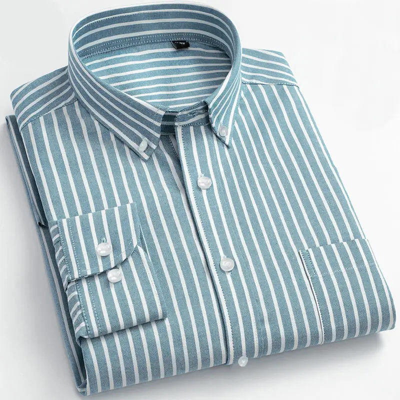 Men Blue Striped Cotton Long Sleeve Shirt - Image 9