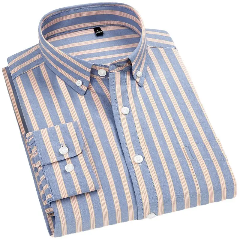 Men Blue Striped Cotton Long Sleeve Shirt - Image 11