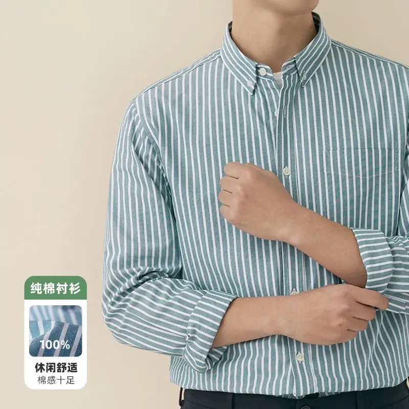 Men Blue Striped Cotton Long Sleeve Shirt - Image 2