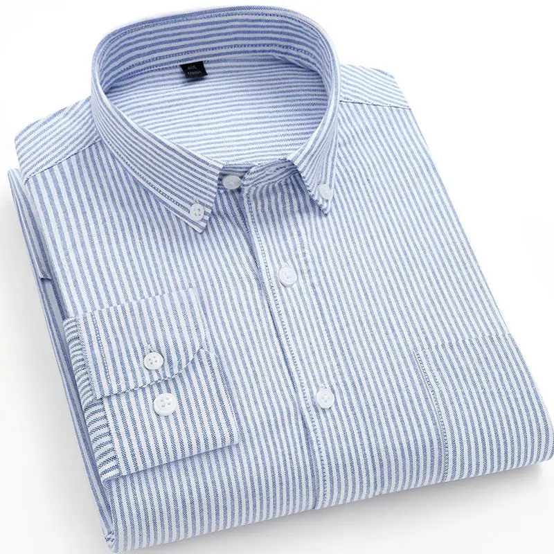 Men Blue Striped Cotton Long Sleeve Shirt - Image 4