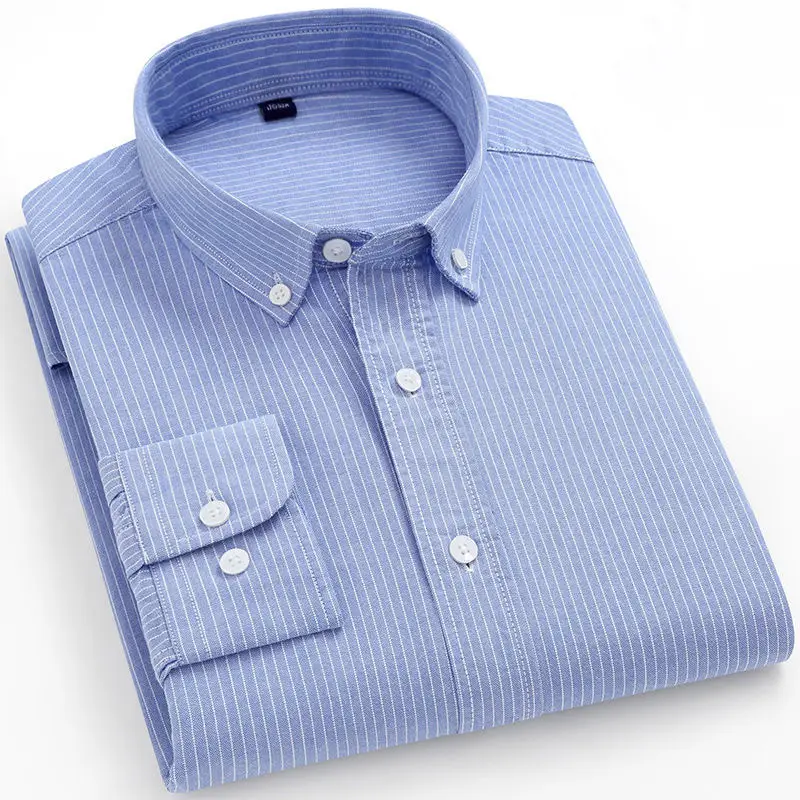 Men Blue Striped Cotton Long Sleeve Shirt - Image 6