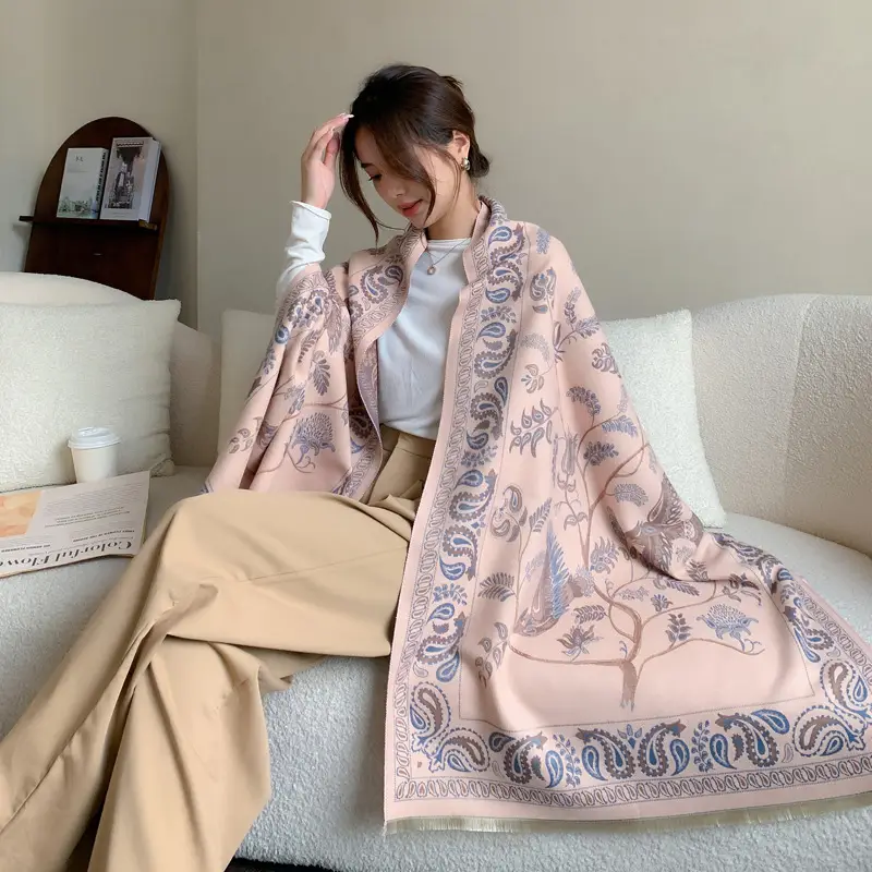 Women's Pink Bird Pattern Shawl with Embroidered Border - Image 6