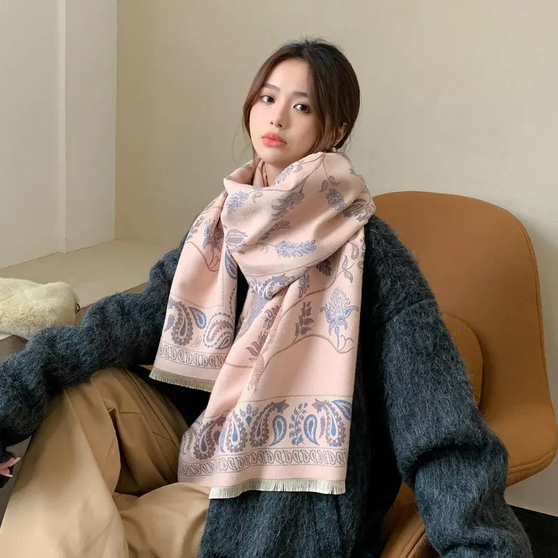 Women's Pink Bird Pattern Shawl with Embroidered Border - Image 7