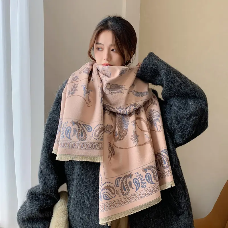 Women's Pink Bird Pattern Shawl with Embroidered Border - Image 8