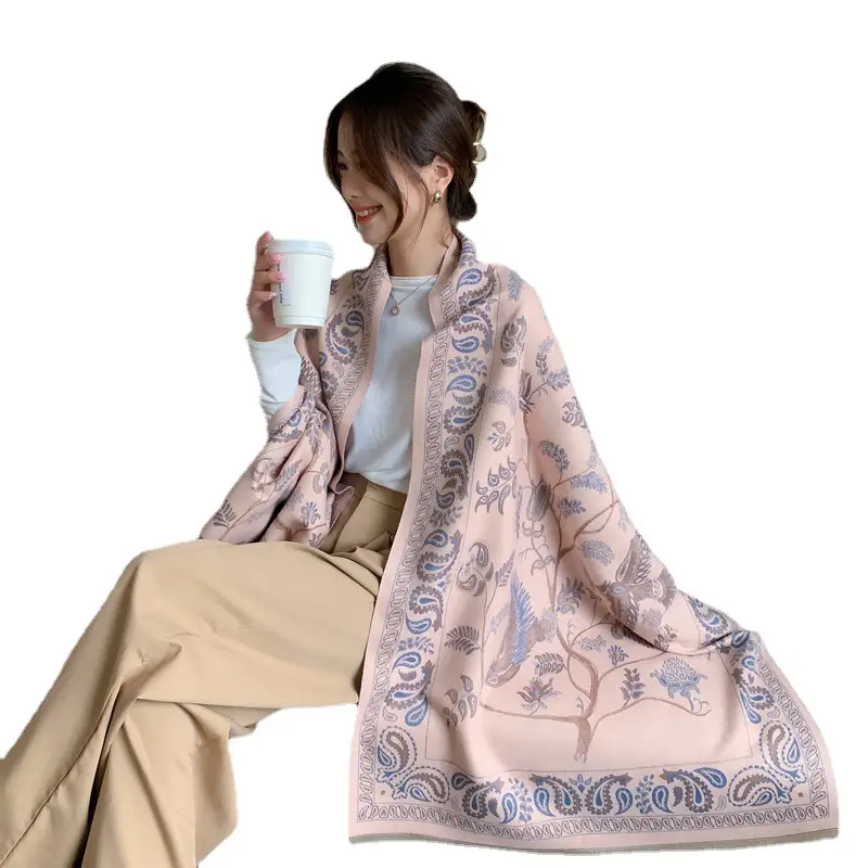 Women's Pink Bird Pattern Shawl with Embroidered Border - Image 9
