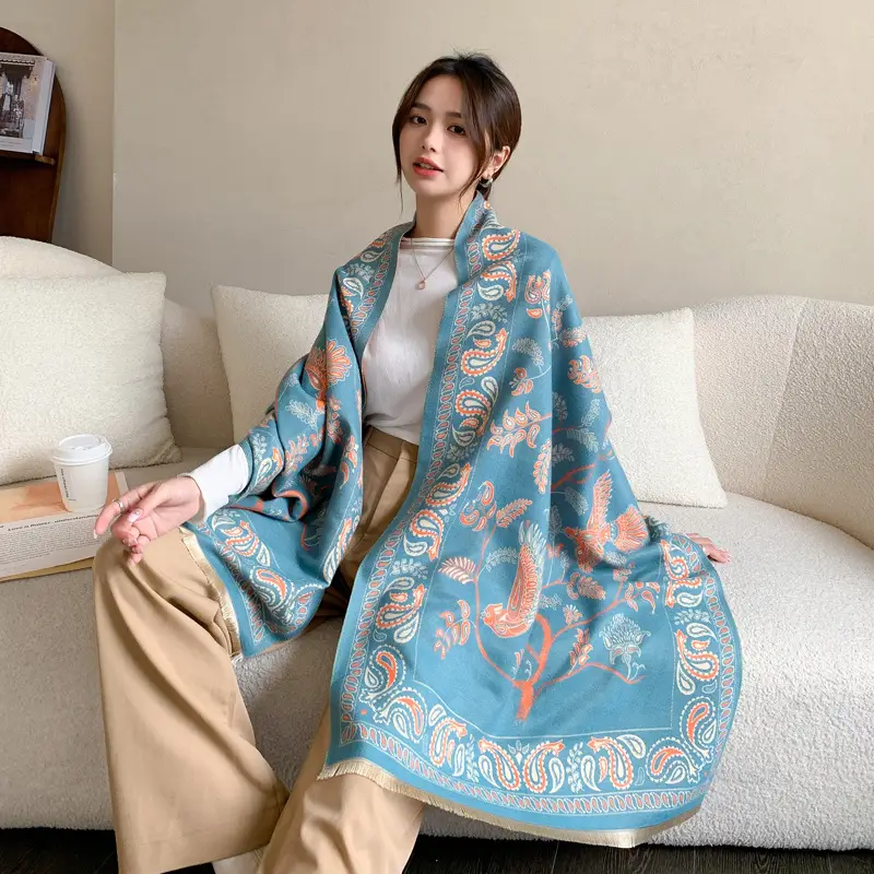 Women's Pink Bird Pattern Shawl with Embroidered Border - Image 2