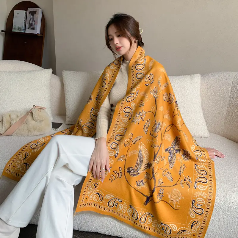 Women's Pink Bird Pattern Shawl with Embroidered Border - Image 3