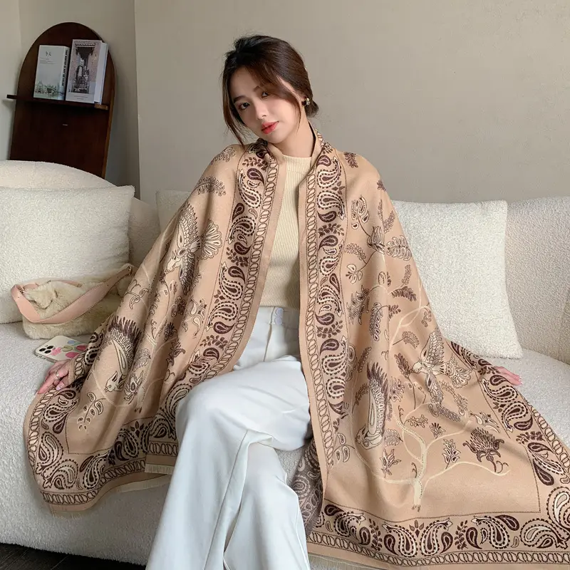 Women's Pink Bird Pattern Shawl with Embroidered Border - Image 4