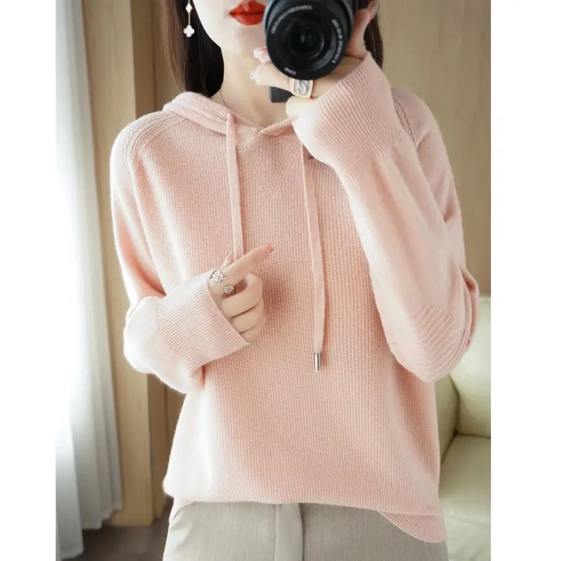 Women Wool Blended Hooded Sweatshirt Orange Loose Fit